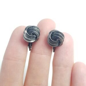 Vintage Spiral Knot Design Clip On Earrings, Gray Silver Tone, Minimal Estate